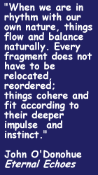 "When we are in rhythm with our own nature, things flow and balance naturally. Every fragment does not have to be relocated, reordered; things cohere and fit according to their deeper impulse and instinct."  John O'Donohue, Eternal Echoes